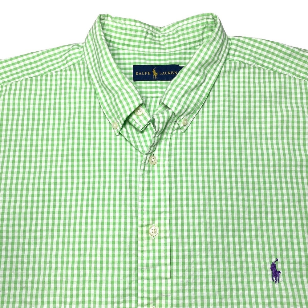 Ralph Lauren Seersucker Shirt 2XLT S/S Green Gingham Preppy